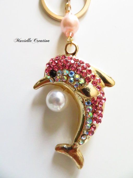 Porte-clés ou bijou de sac dauphin strass rose