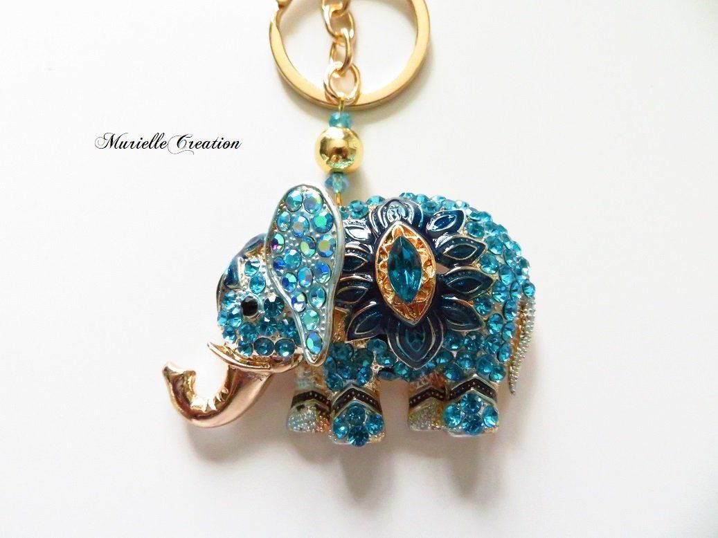 Porte-clés ou bijou de sac éléphant strass bleu turquoise
