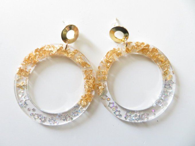 Boucles d'oreilles anneaux en résine or et étoiles argenté avec clous en acier inoxydable or