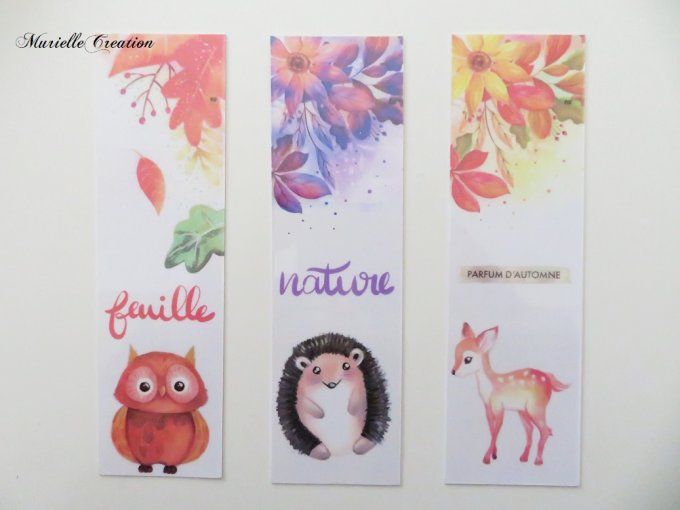 Marque-pages plastifiés "automne, animaux de la forêt" - Lot de 3 marque-pages