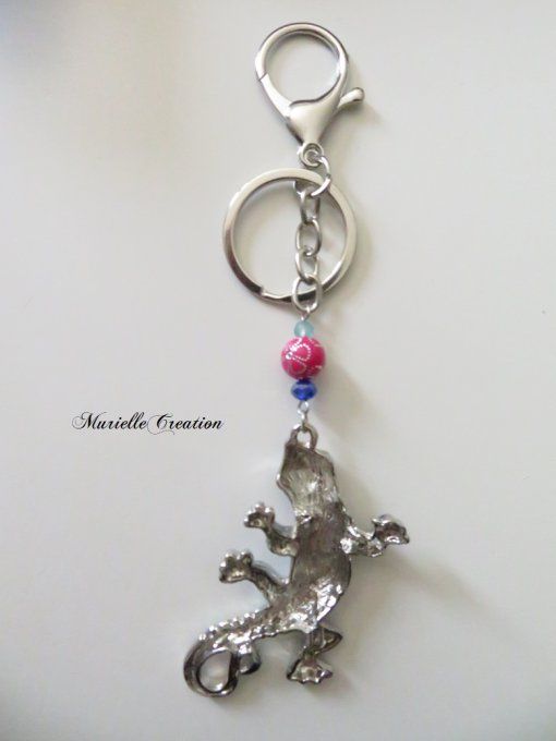 Porte-clés ou bijou de sac Gecko bleu et rose