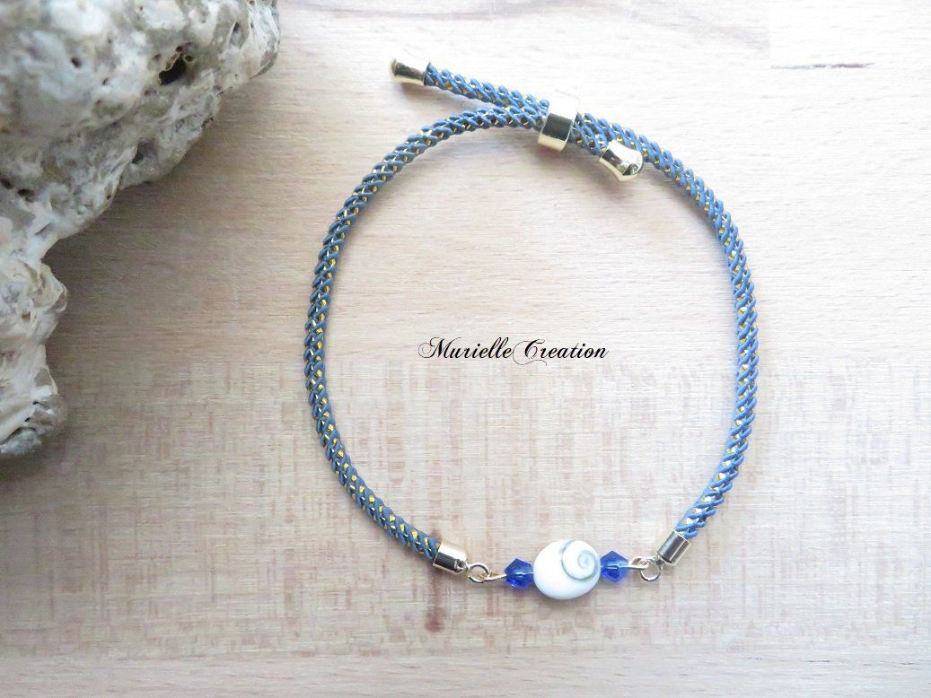 Bracelet réglable cordon bleu, Œil de Sainte Lucie et perles cristal