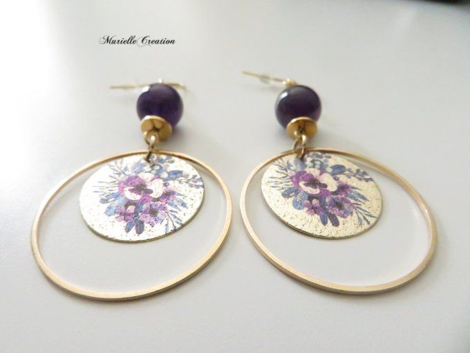 Boucles d'oreilles Améthyste, anneaux or et rond fleurs violet