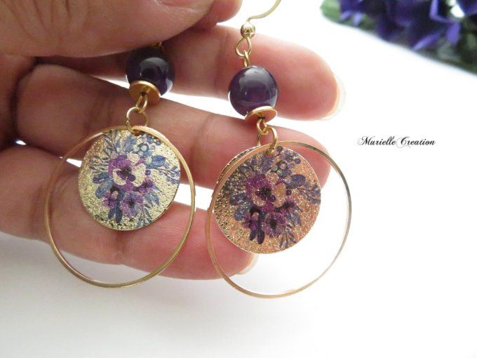 Boucles d'oreilles Améthyste, anneaux or et rond fleurs violet
