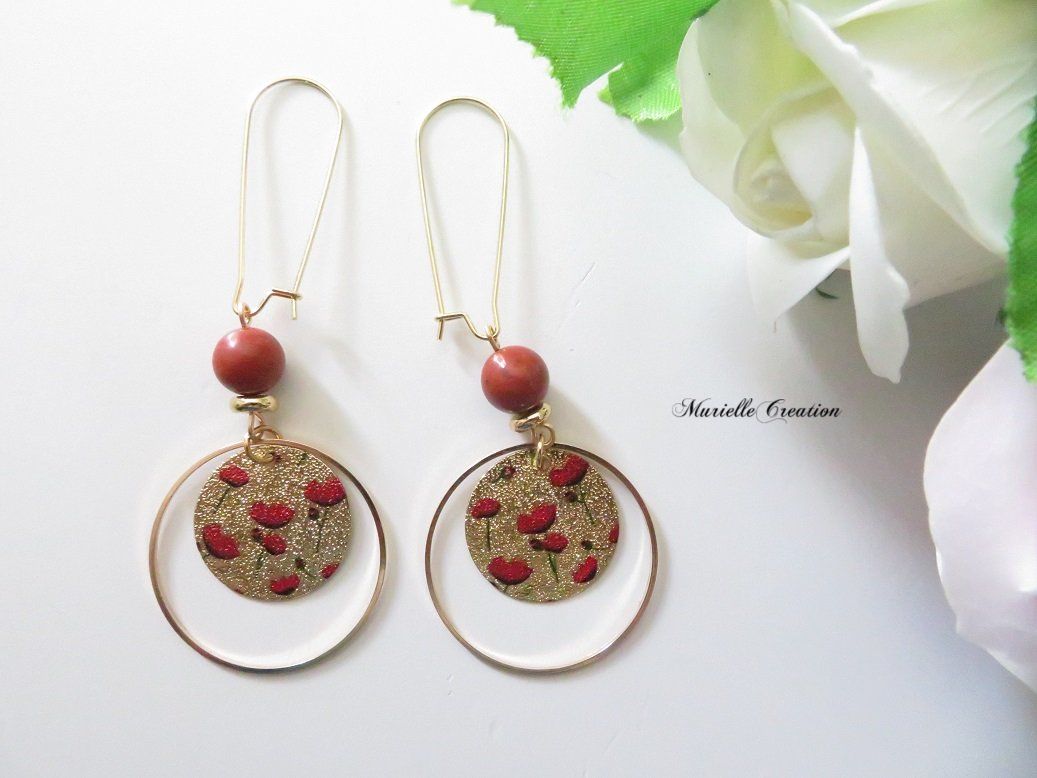 Boucles d'oreilles Jaspe rouge, anneaux or et rond fleurs coquelicots