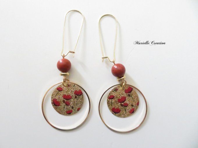 Boucles d'oreilles Jaspe rouge, anneaux or et rond fleurs coquelicots