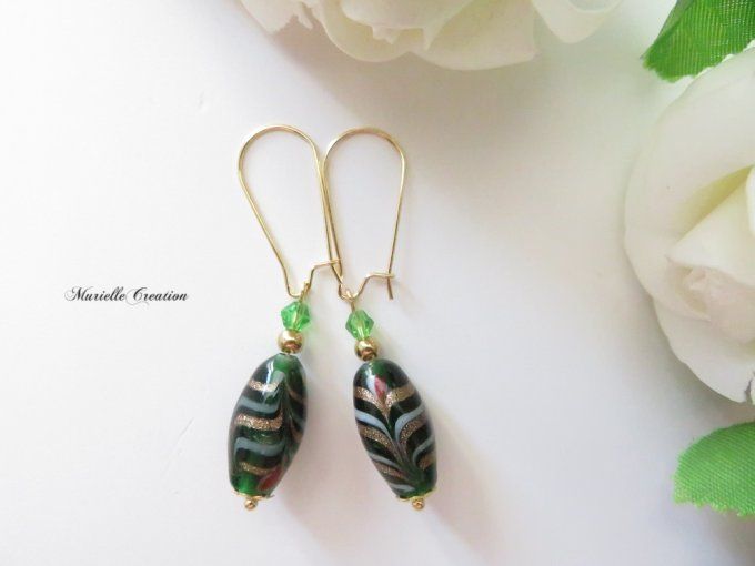 Boucles d'oreilles perles olive Murano vert et perles cristal toupies vert