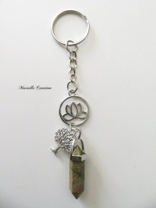 Porte-clés ou Bijou de sac pendule Unakite, fleur de lotus et Arbre de vie