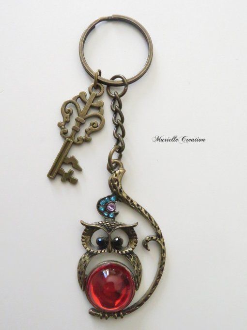 Porte-clés ou Bijou de sac bronze avec Hibou strass et clé