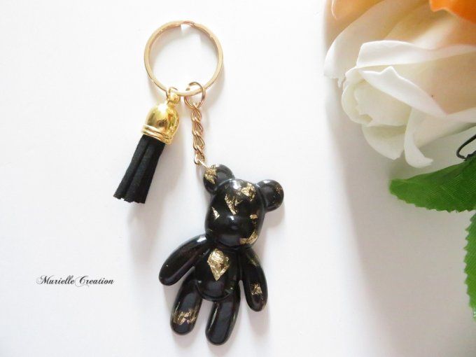 Porte-clés ou Bijou de sac ourson noir, flocons or et pompon suédine noir