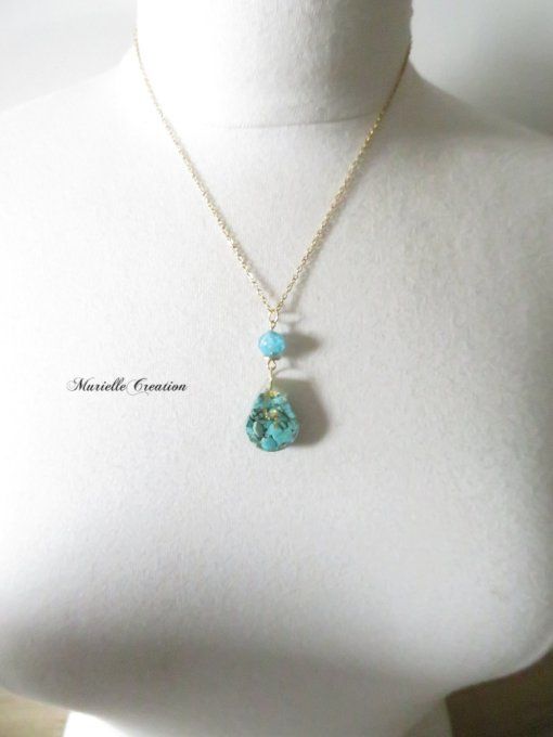 Collier Turquoise, flocons or et perle Murano bleu turquoise